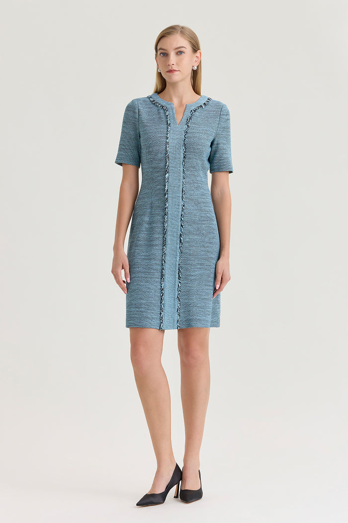 Tweed Knit Fringe Accent Sheath Dress, Serene/Black | Ming Wang
