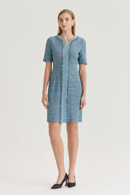 Tweed Knit Fringe Accent Sheath Dress, Serene/Black | Ming Wang