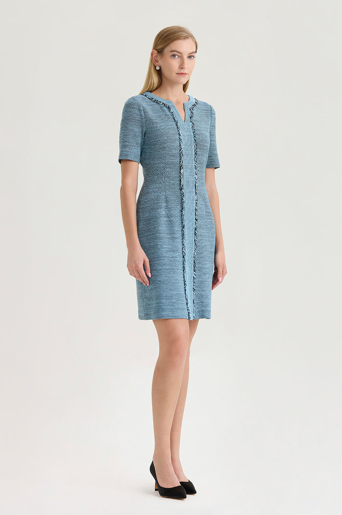Tweed Knit Fringe Accent Sheath Dress, Serene/Black | Ming Wang