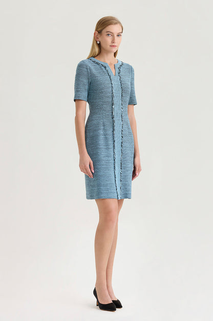 Tweed Knit Fringe Accent Sheath Dress, Serene/Black | Ming Wang