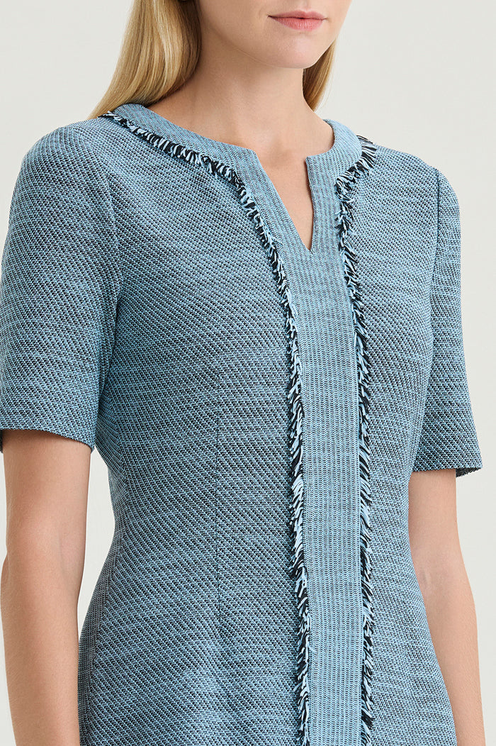 Tweed Knit Fringe Accent Sheath Dress, Serene/Black | Ming Wang
