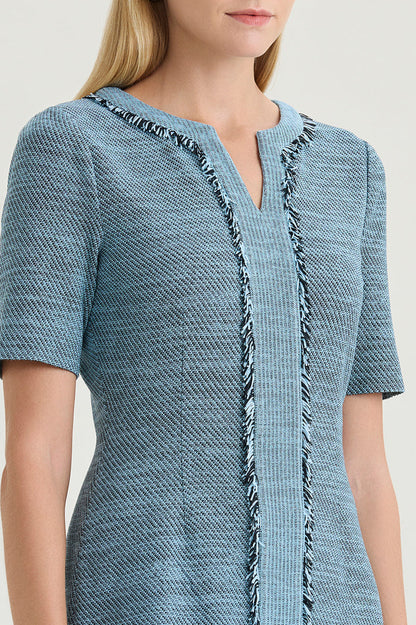 Tweed Knit Fringe Accent Sheath Dress, Serene/Black | Ming Wang