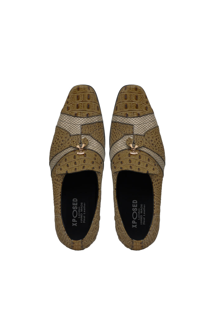 Two Tone Beige Real Leather Printer Party Loafers