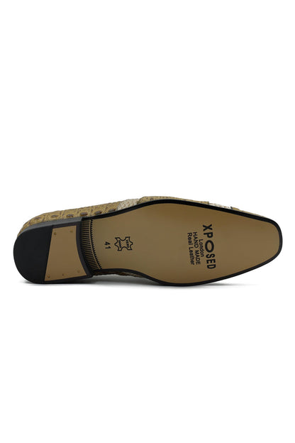 Two Tone Beige Real Leather Printer Party Loafers