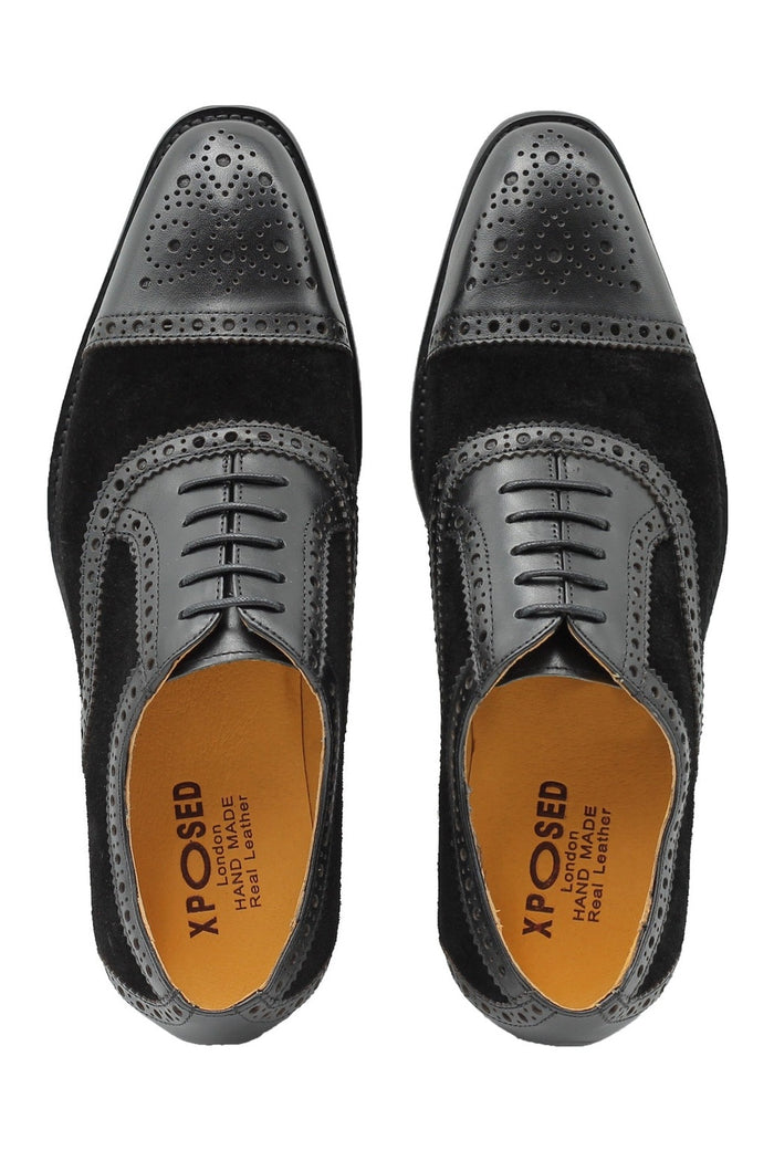 TWO TONE SPECTATOR BROGUES IN BLACK LEATHER & SUEDE