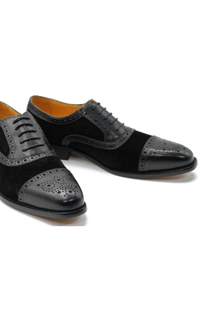 TWO TONE SPECTATOR BROGUES IN BLACK LEATHER & SUEDE