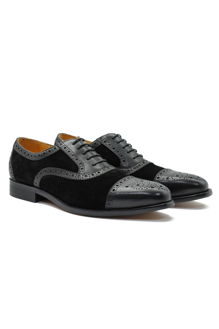 TWO TONE SPECTATOR BROGUES IN BLACK LEATHER & SUEDE