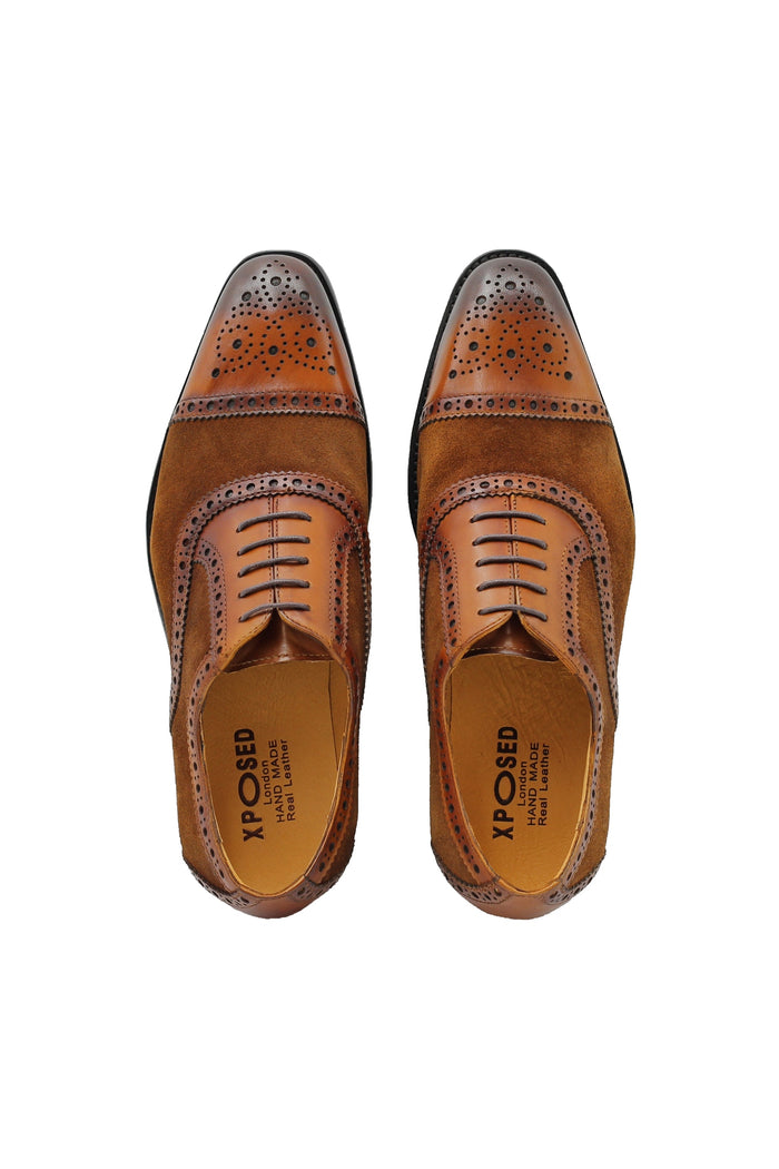 TWO TONE SPECTATOR BROGUES IN BROWN LEATHER & SUEDE