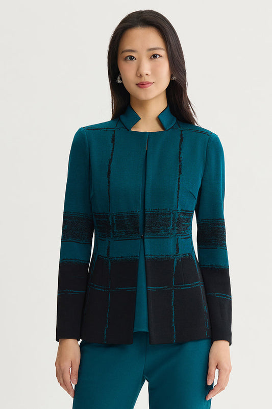 Two-Toned Flat Knit Jacket, Deep Teal/Black | Ming Wang