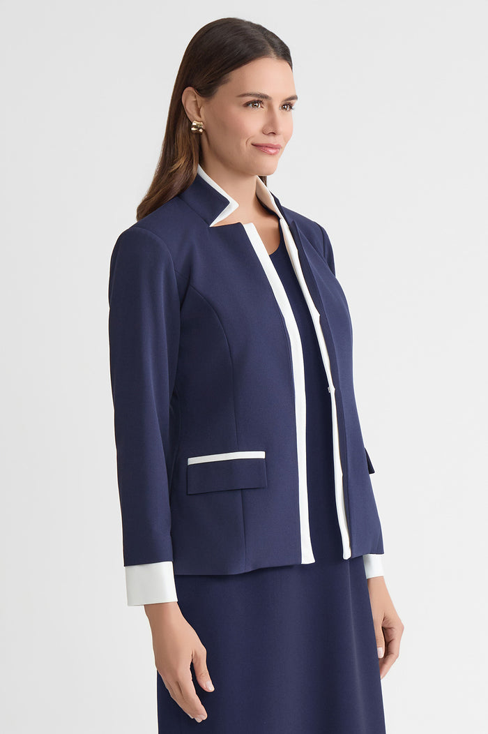 Tailored Two-Toned Stretch Deco Crepe Blazer, Indigo, Indigo/White | Ming Wang