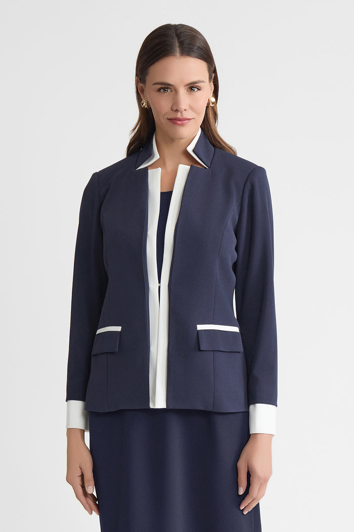 Tailored Two-Toned Stretch Deco Crepe Blazer, Indigo, Indigo/White | Ming Wang
