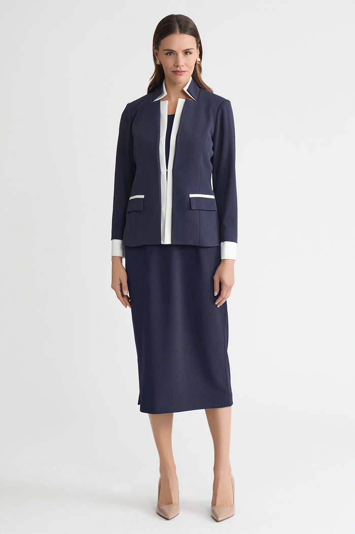 Tailored Two-Toned Stretch Deco Crepe Blazer, Indigo, Indigo/White | Ming Wang