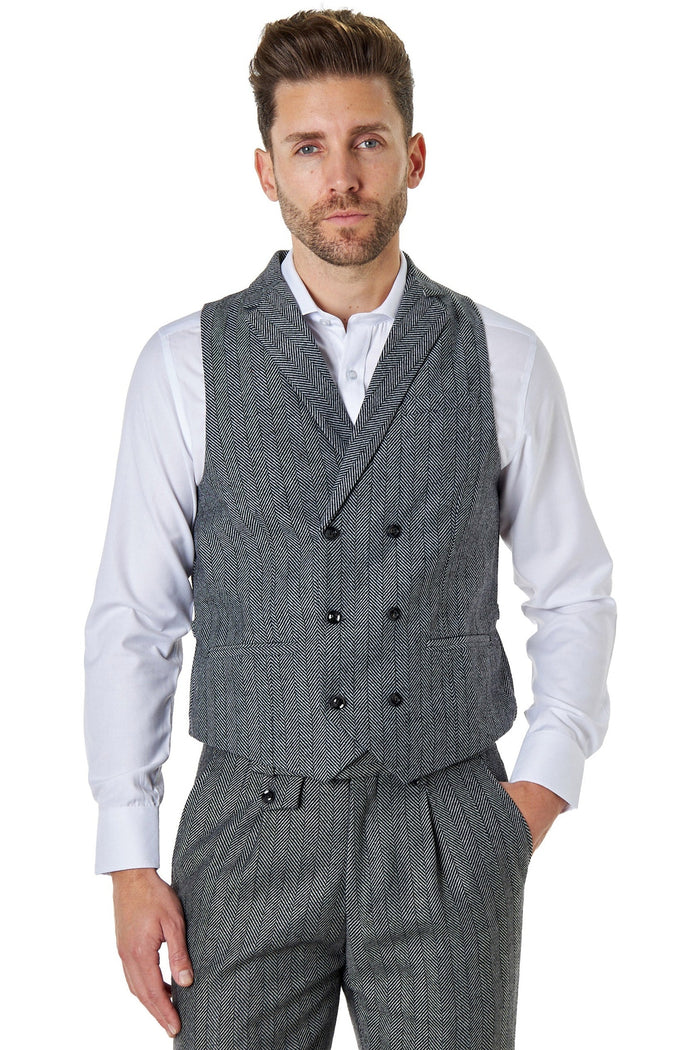 TYLER - HERRINGBONE TWEED DOUBLE BREASTED GREY WAISTCOAT