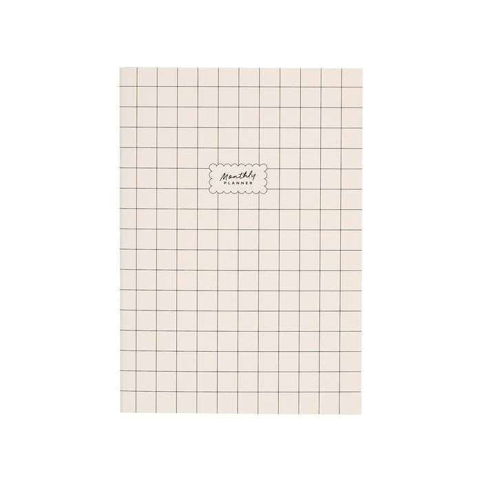 Undated Modern Tones Folio Planner Insert - Monthly Calendar View A5 Layout- 12 Months beige gridded monthly planner page with centered Monthly Planning label