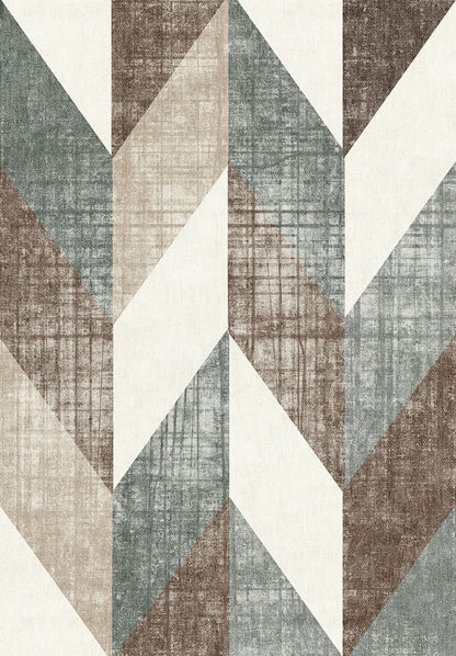 Geometric rug with a distressed chevron pattern in shades of slate blue, brown, beige, and cream.