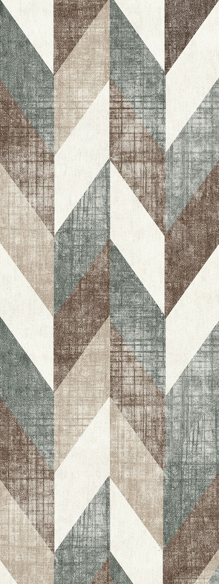 Geometric chevron rug with a distressed texture in shades of slate blue, brown, beige, and cream.