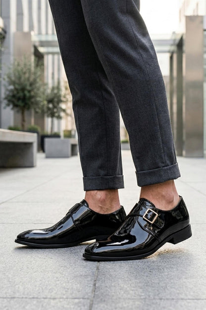 VALE Men’s Black Patent Leather Single Monk Strap Shoes