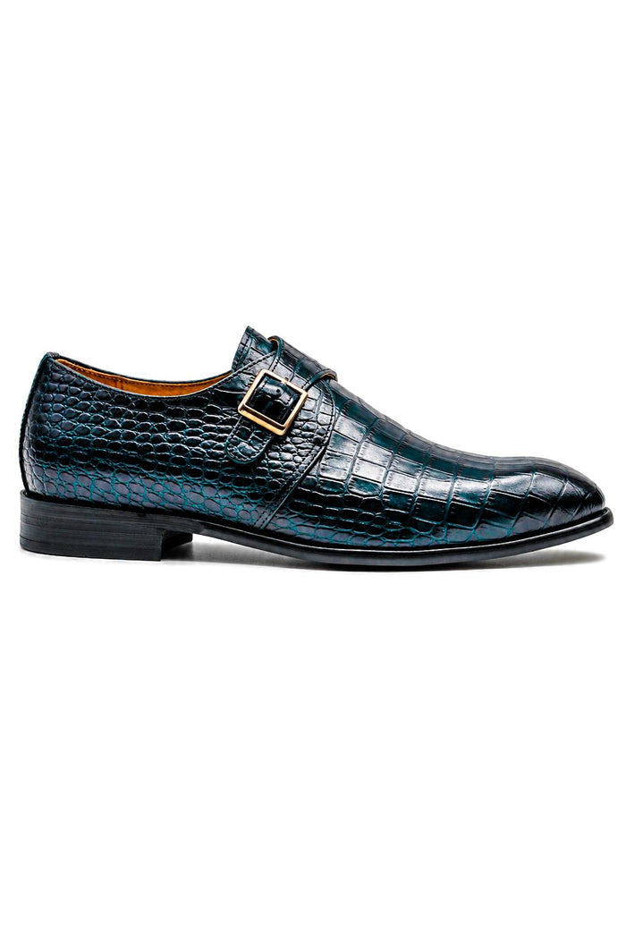 VALE Men’s Dark Blue Croc-Embossed Leather Monk Strap Shoes