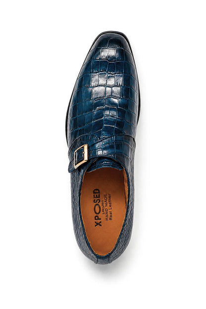 VALE Men’s Dark Blue Croc-Embossed Leather Monk Strap Shoes