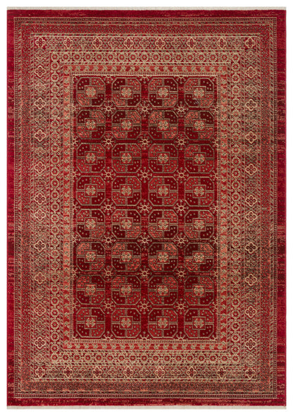 Deep red traditional rug with a repeating geometric medallion pattern and a decorative beige border.