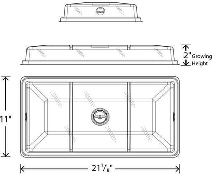 Line drawing of a rectangular seedling dome showing top, side, and front views with 21.125" x 11" x 2" dimensions.