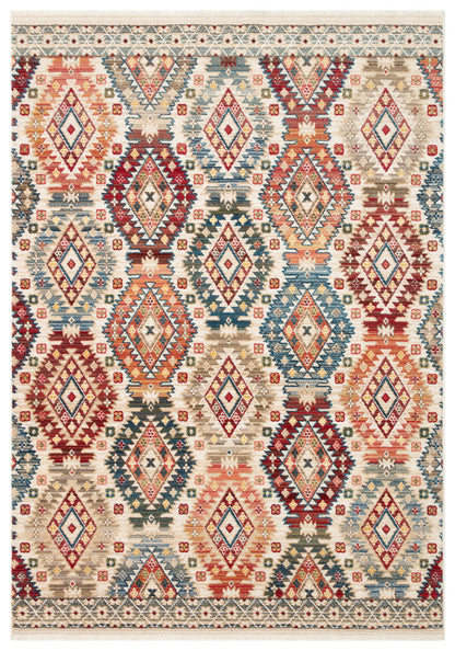 Multi-colored southwestern rug with a repeating diamond pattern in red, blue, orange, and beige on a cream background.