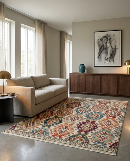 Multi-colored rug with a geometric diamond pattern in a modern living room with a beige sofa and walnut sideboard.