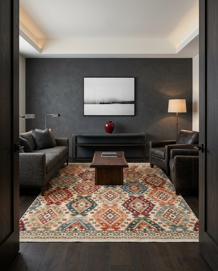 Multi-colored geometric patterned rug in red, blue, and cream, styled in a modern living room.