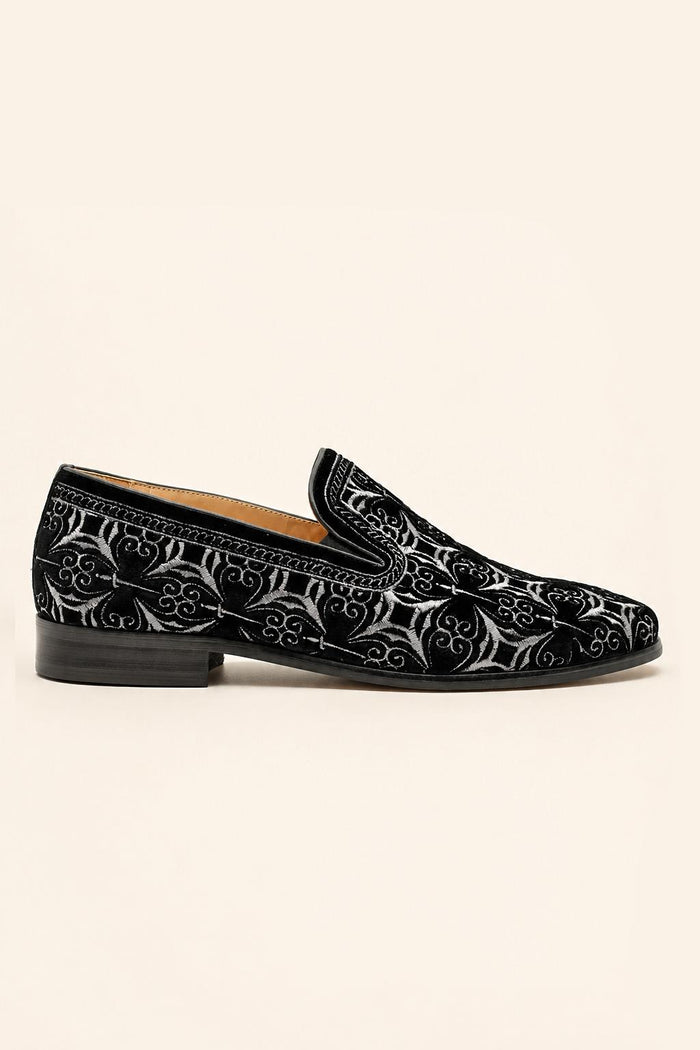 VITO Men’s Black Silver Embroidered Velvet Real Leather Party Loafers