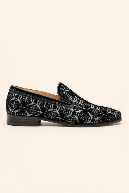 VITO Men’s Black Silver Embroidered Velvet Real Leather Party Loafers