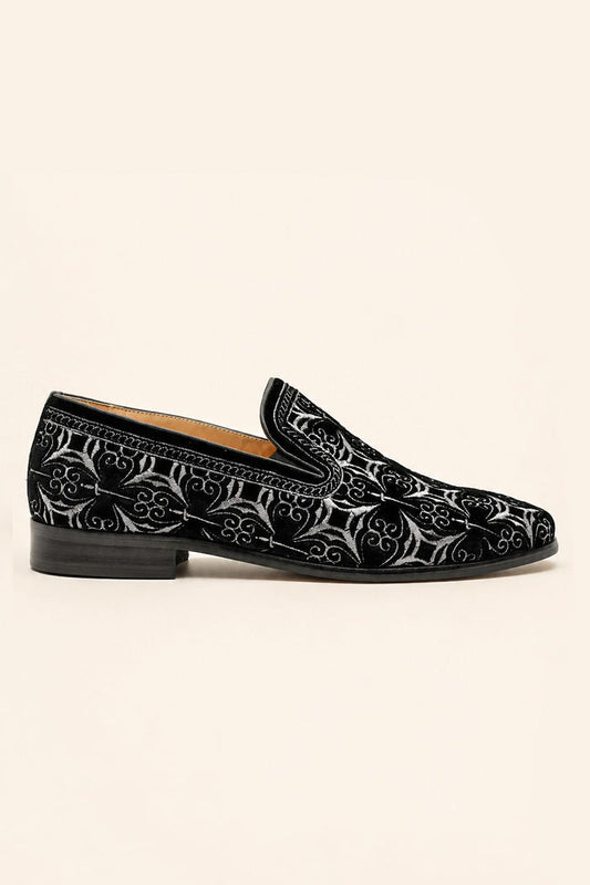 VITO Men’s Black Silver Embroidered Velvet Real Leather Party Loafers