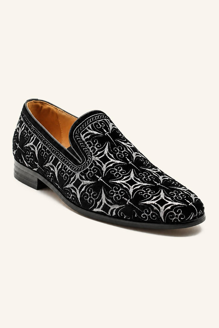 VITO Men’s Black Silver Embroidered Velvet Real Leather Party Loafers