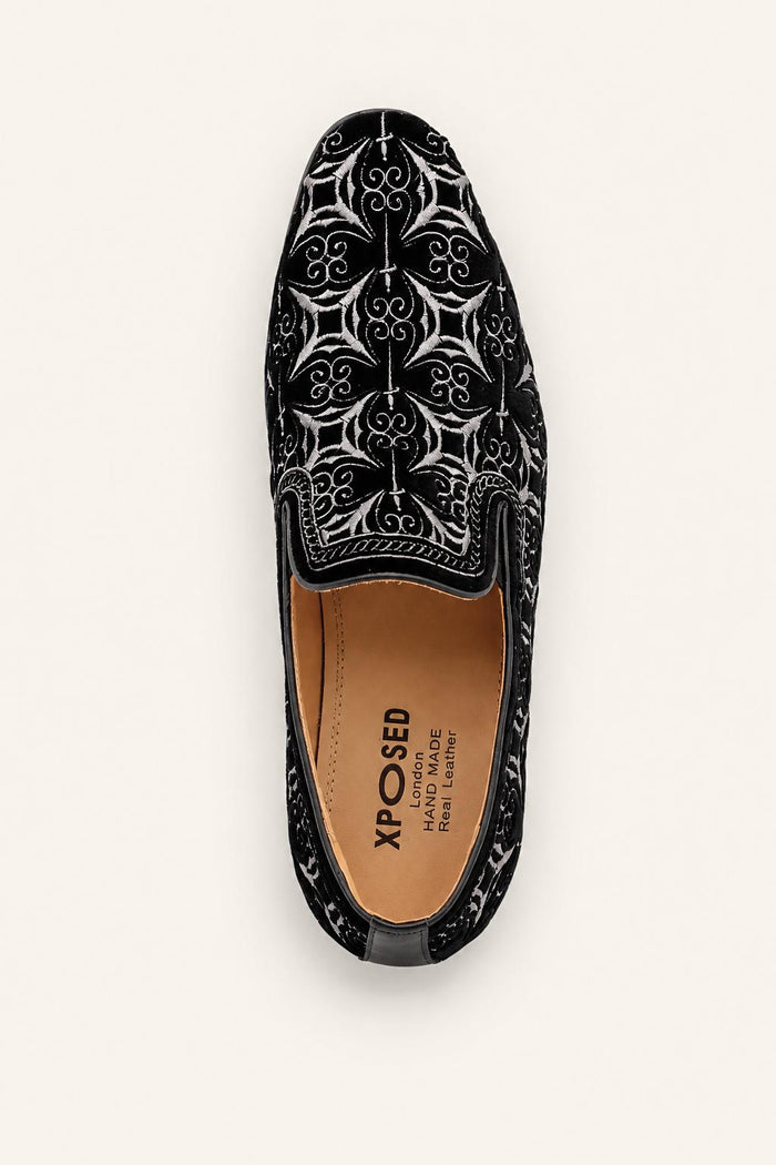 VITO Men’s Black Silver Embroidered Velvet Real Leather Party Loafers