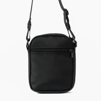 Black cross bag with front zipper pocket and adjustable strap on white background