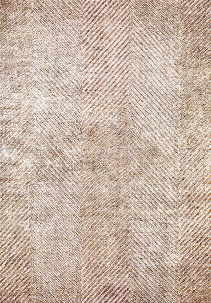 Beige and brown rug with a distressed herringbone pattern and textured finish.