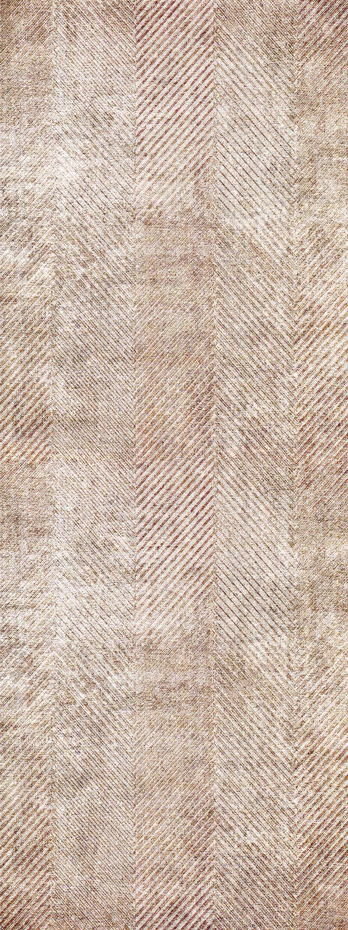 Tan and brown rug with a distressed, vertical herringbone pattern.