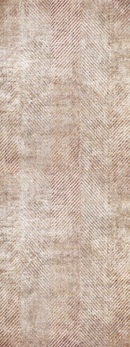 Tan and brown rug with a distressed, vertical herringbone pattern.
