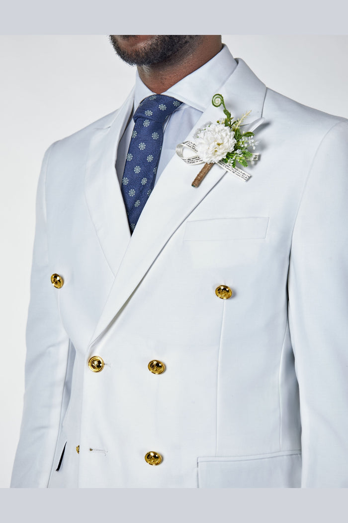 WHITE DOUBLE BREASTED TAILORED SUIT GOLD BUTTONS