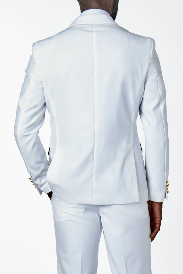 WHITE DOUBLE BREASTED TAILORED SUIT GOLD BUTTONS