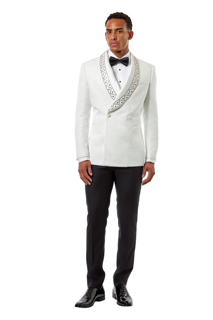 White Jacquard Double-Breasted Tuxedo Wedding Suit