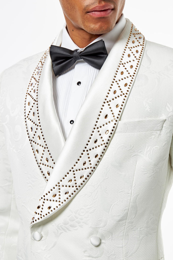 White Jacquard Double-Breasted Tuxedo Wedding Suit