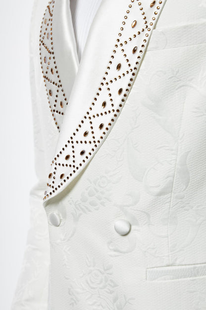 White Jacquard Double-Breasted Tuxedo Wedding Suit