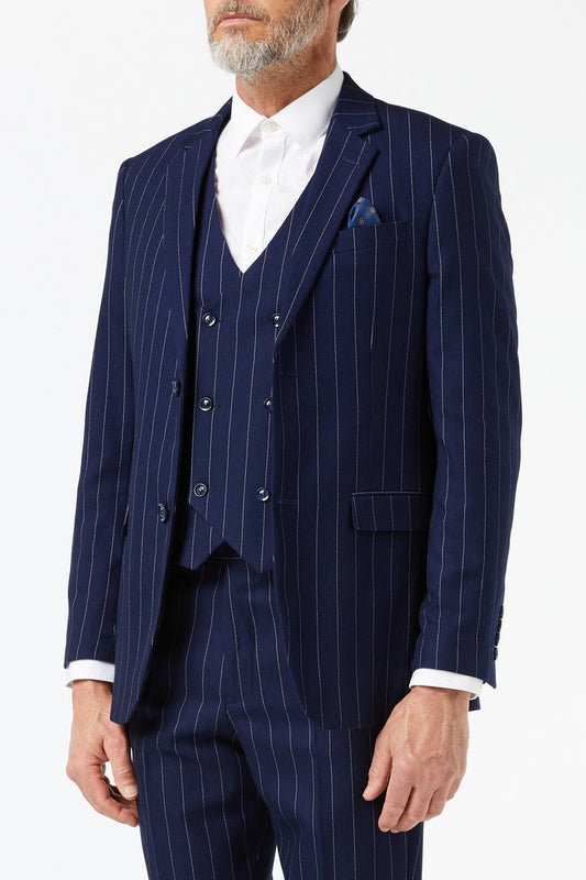 White Pinstripe on Navy Suit