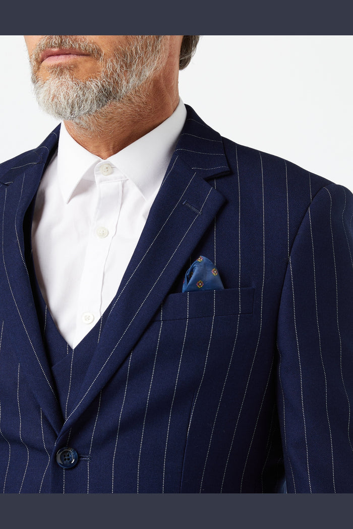 White Pinstripe on Navy Suit