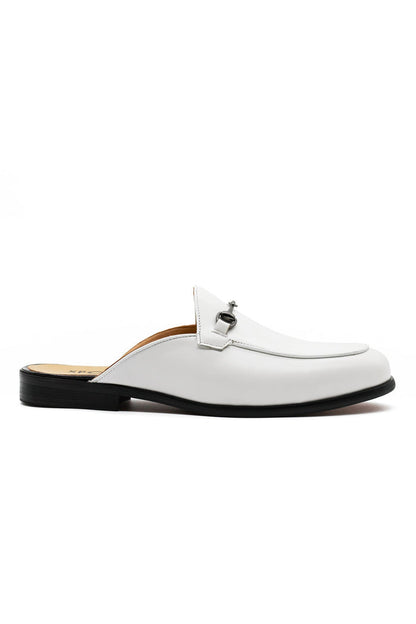White Real Leather Snaffle Bit Half Shoes | Mules