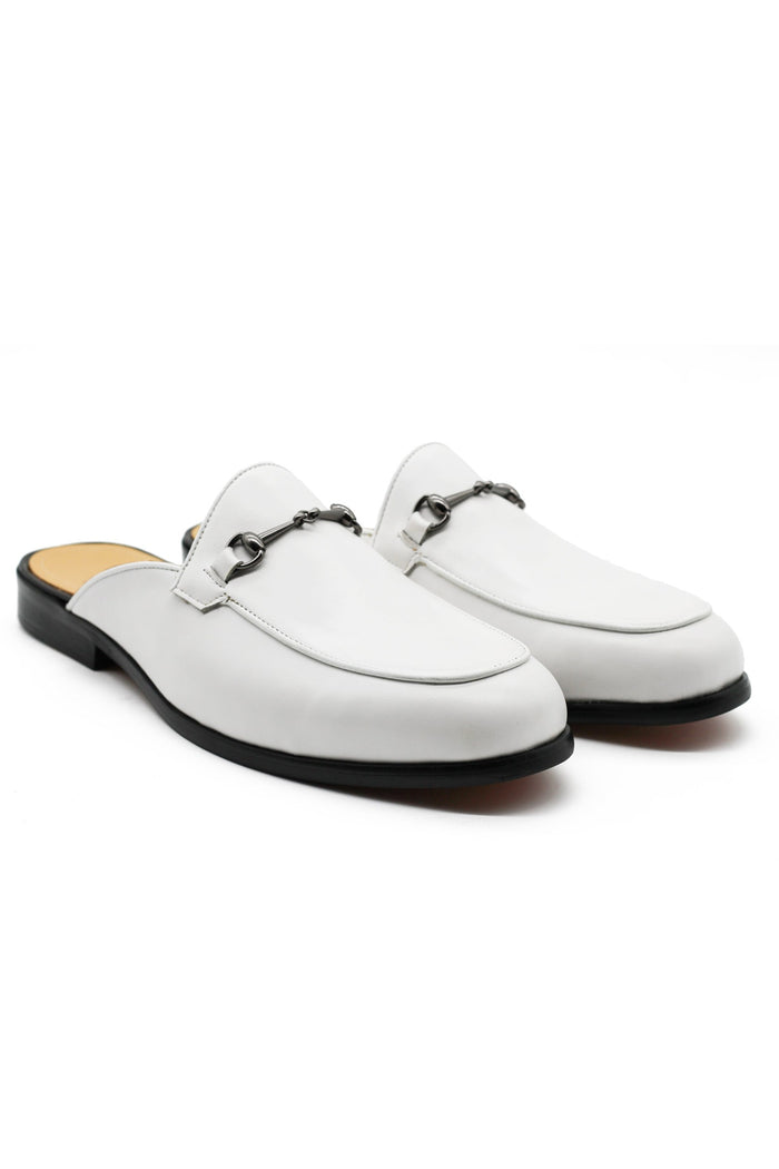White Real Leather Snaffle Bit Half Shoes | Mules