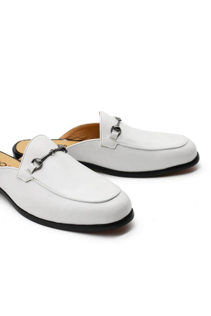 White Real Leather Snaffle Bit Half Shoes | Mules