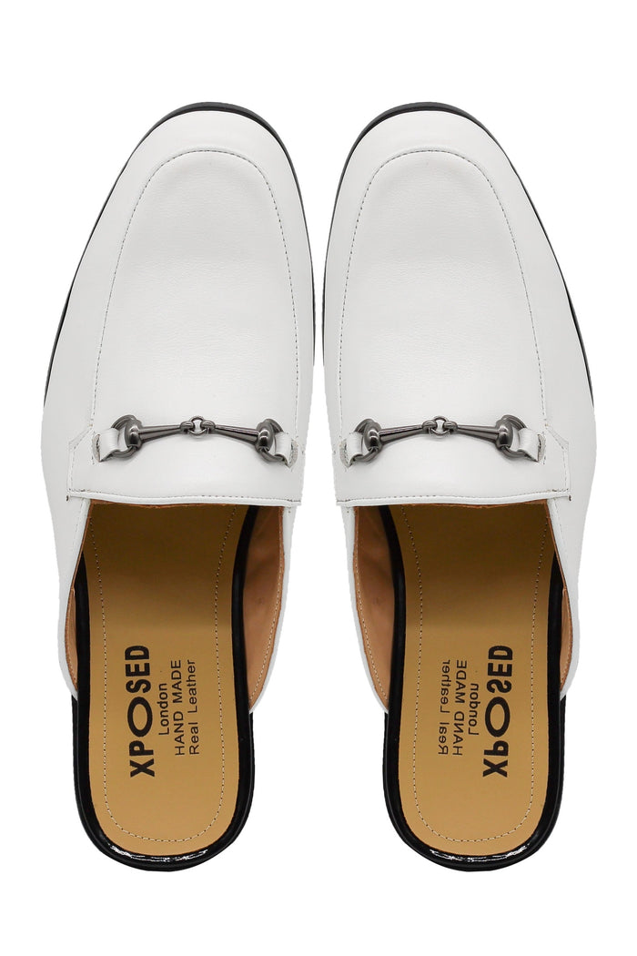 White Real Leather Snaffle Bit Half Shoes | Mules