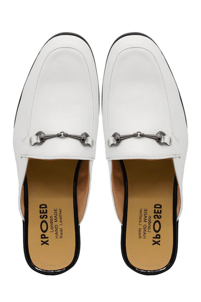 White Real Leather Snaffle Bit Half Shoes | Mules