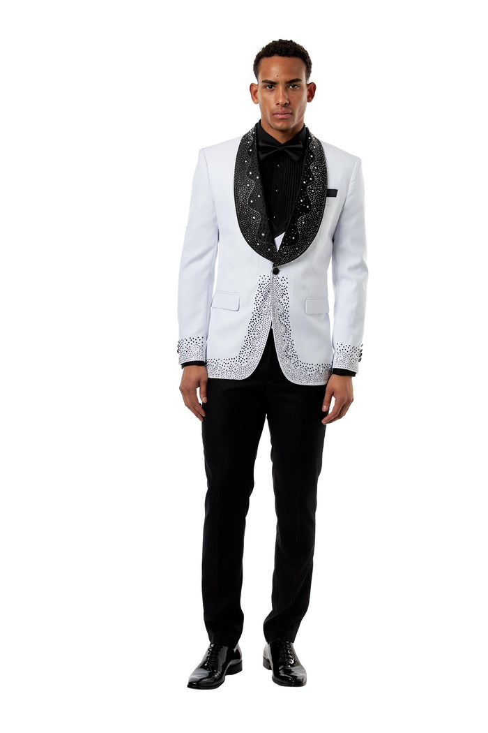 White Rhinestone Shawl Lapel Tuxedo 3-Piece Wedding Suit